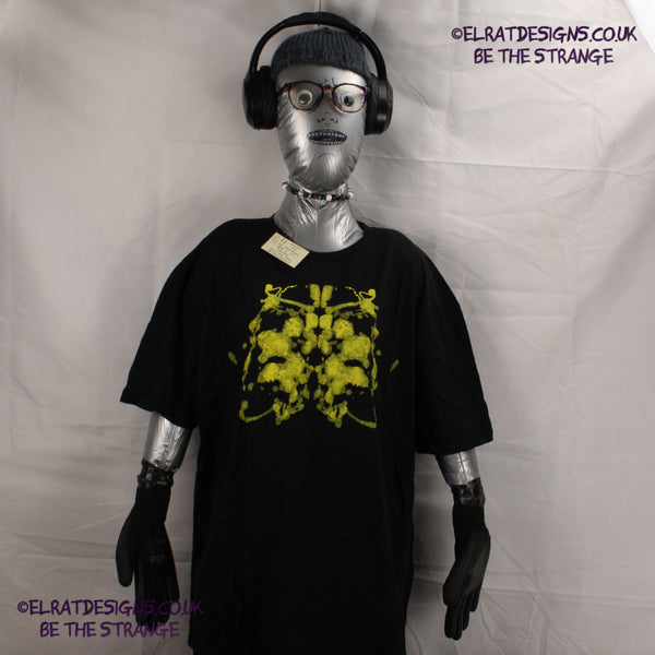 Rorschach, Black cotton T-Shirt with Yellow ink blot with patchy ink- XLarge #1 (RB Y XL1) - ElRat Designs - elratdesigns.co.uk