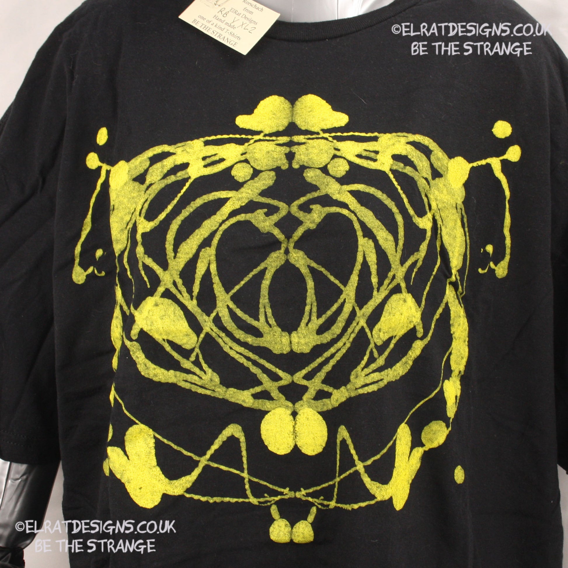 Rorschach, Black cotton T-Shirt with Yellow ink blot with patchy ink- XLarge #2 (RB Y XL2) - ElRat Designs - elratdesigns.co.uk