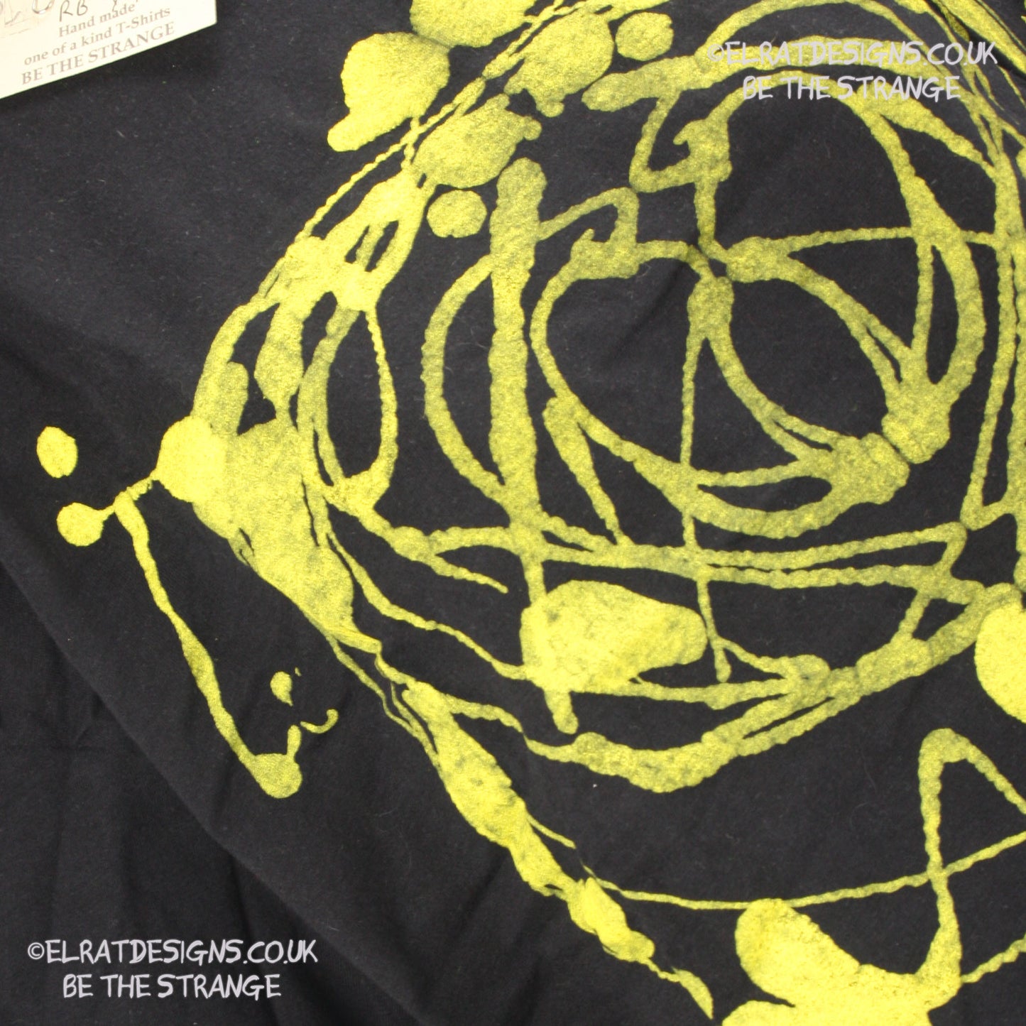 Rorschach, Black cotton T-Shirt with Yellow ink blot with patchy ink- XLarge #2 (RB Y XL2) - ElRat Designs - elratdesigns.co.uk