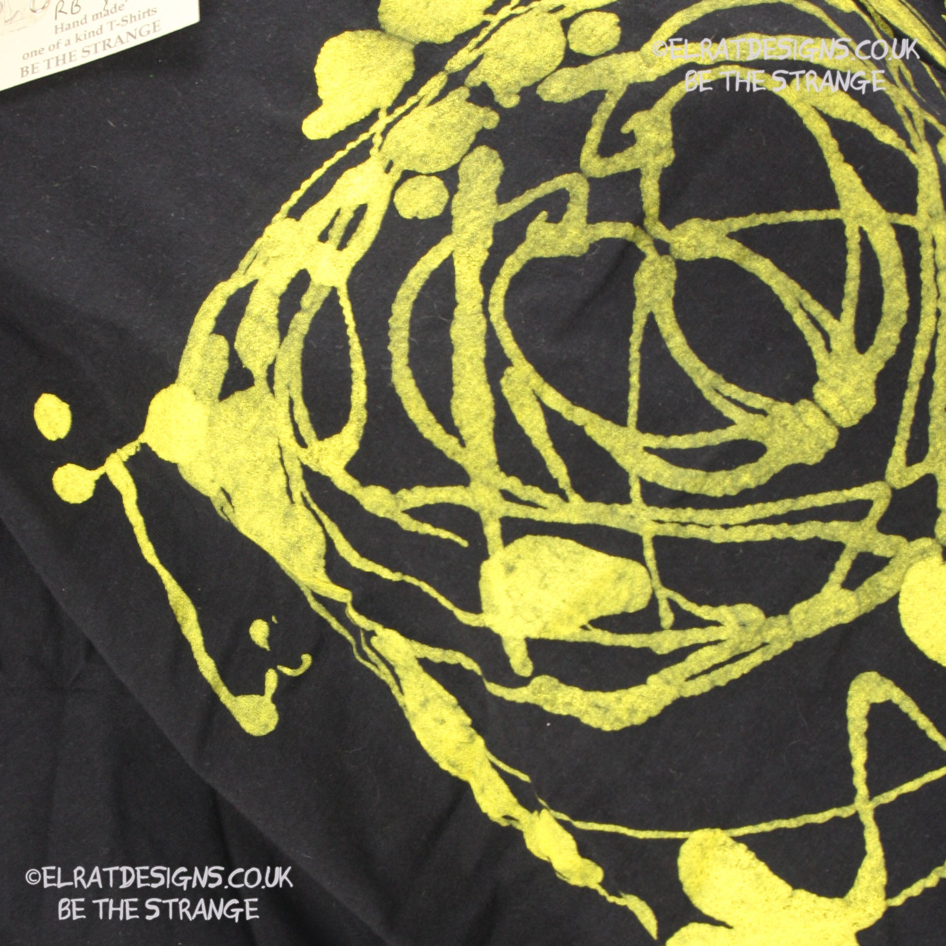 Rorschach, Black cotton T-Shirt with Yellow ink blot with patchy ink- XLarge #2 (RB Y XL2) - ElRat Designs - elratdesigns.co.uk