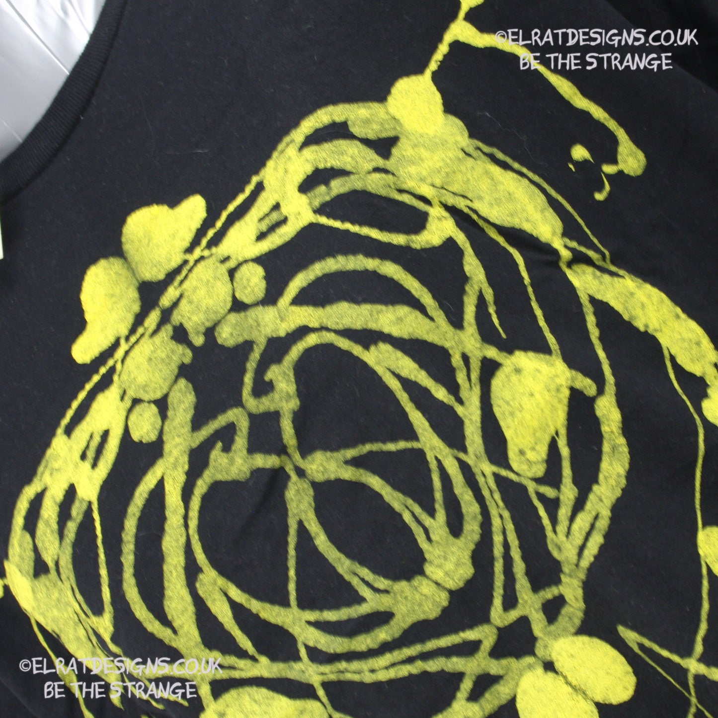 Rorschach, Black cotton T-Shirt with Yellow ink blot with patchy ink- XLarge #2 (RB Y XL2) - ElRat Designs - elratdesigns.co.uk