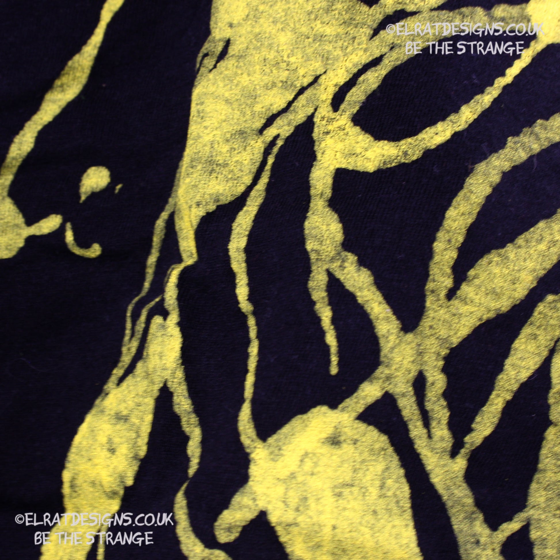 Rorschach, Black cotton T-Shirt with Yellow ink blot with patchy ink- XLarge #2 (RB Y XL2) - ElRat Designs - elratdesigns.co.uk