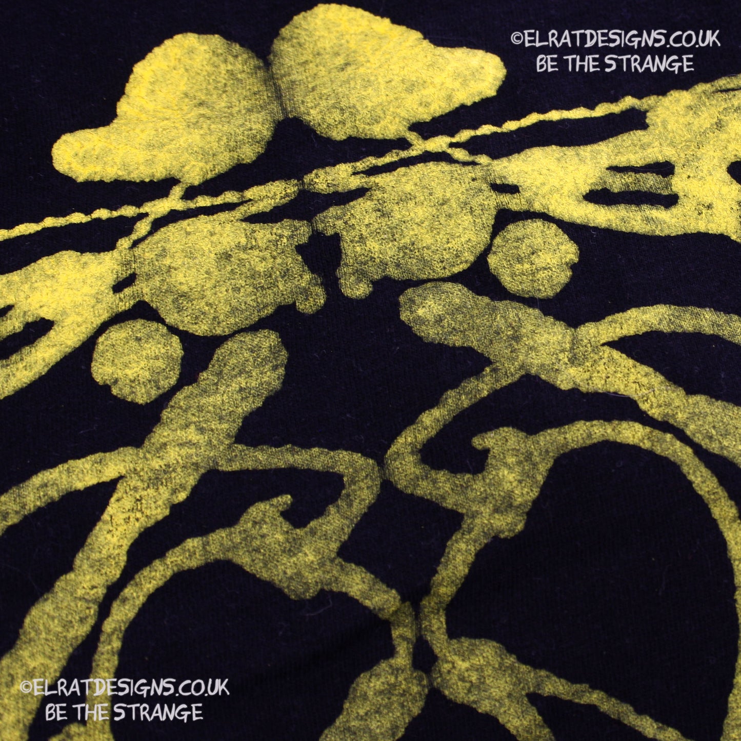 Rorschach, Black cotton T-Shirt with Yellow ink blot with patchy ink- XLarge #2 (RB Y XL2) - ElRat Designs - elratdesigns.co.uk