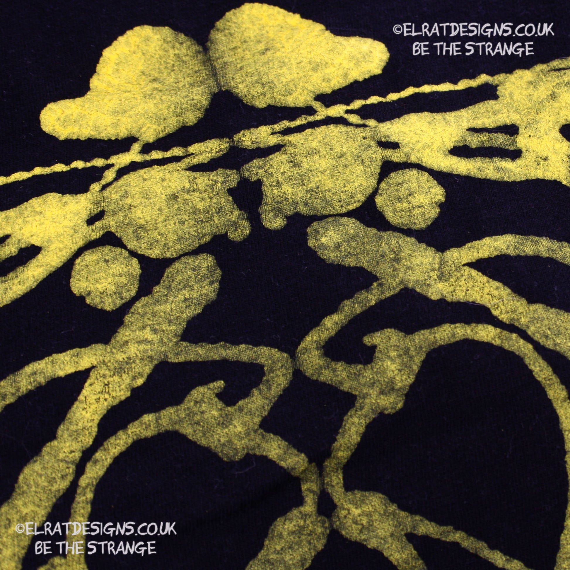 Rorschach, Black cotton T-Shirt with Yellow ink blot with patchy ink- XLarge #2 (RB Y XL2) - ElRat Designs - elratdesigns.co.uk