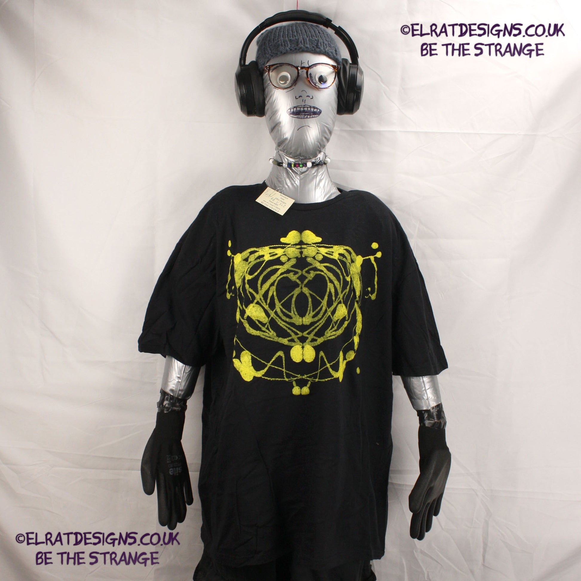 Rorschach, Black cotton T-Shirt with Yellow ink blot with patchy ink- XLarge #2 (RB Y XL2) - ElRat Designs - elratdesigns.co.uk