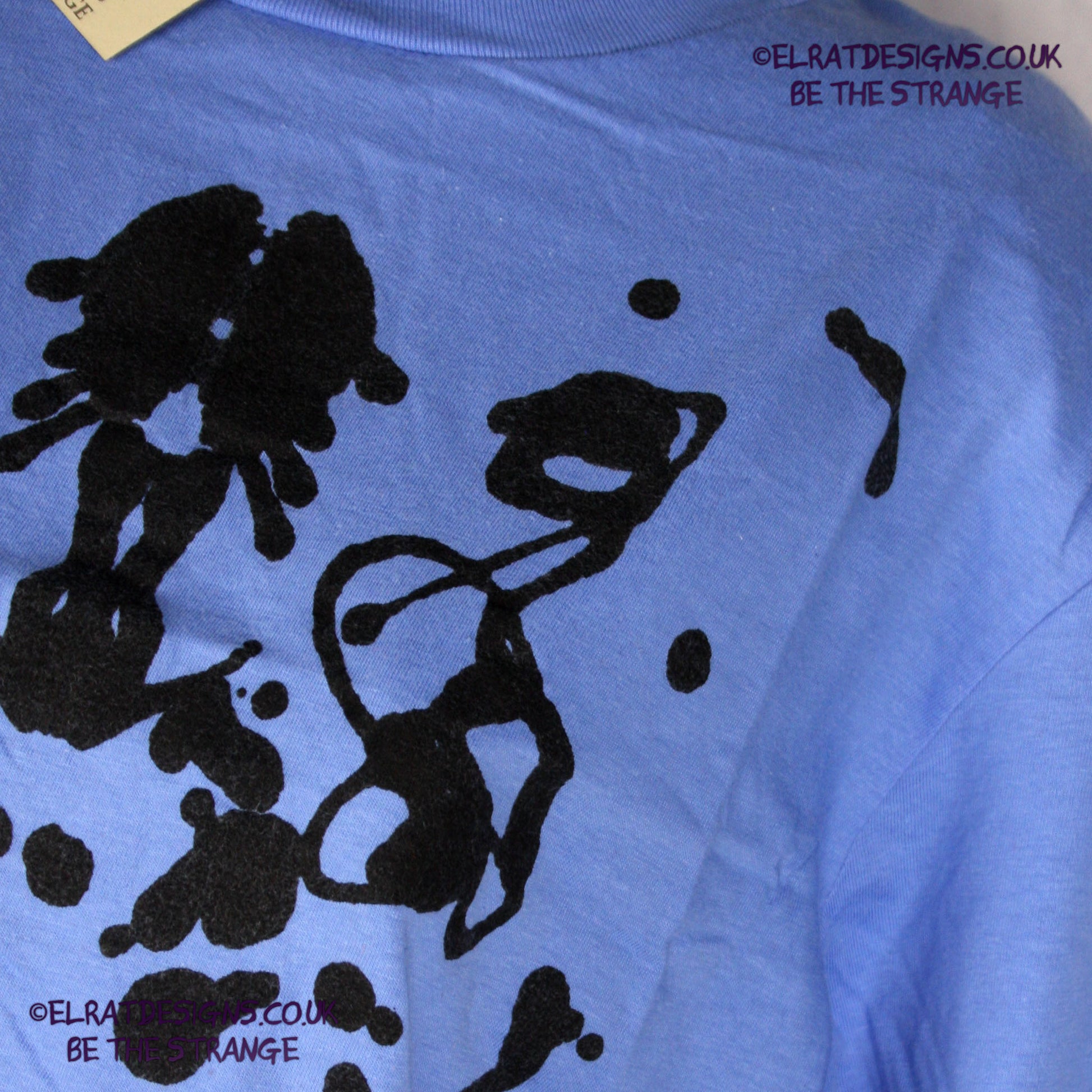 Rorschach, Carolina Blue cotton T-Shirt with Black ink blot - Medium #1 (RCaB B M1) - ElRat Designs - elratdesigns.co.uk