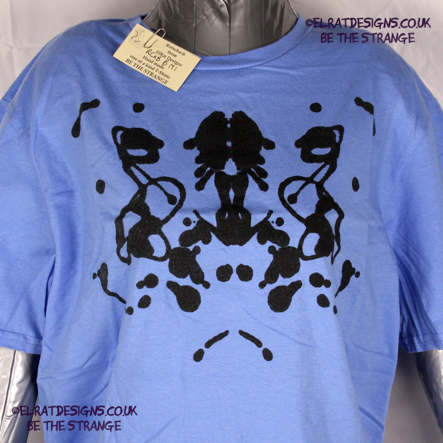 Rorschach, Carolina Blue cotton T-Shirt with Black ink blot - Medium #1 (RCaB B M1) - ElRat Designs - elratdesigns.co.uk