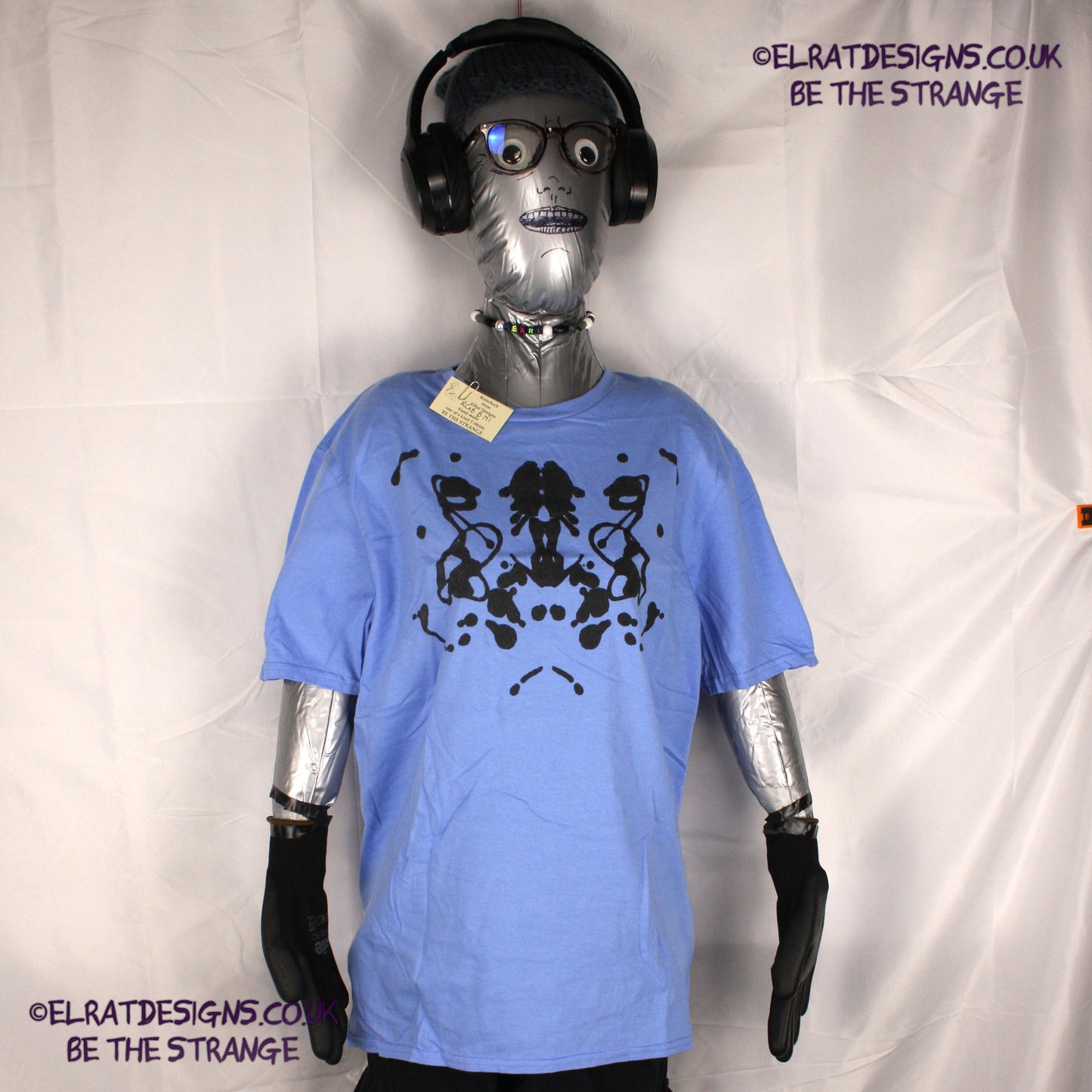 Rorschach, Carolina Blue cotton T-Shirt with Black ink blot - Medium #1 (RCaB B M1) - ElRat Designs - elratdesigns.co.uk