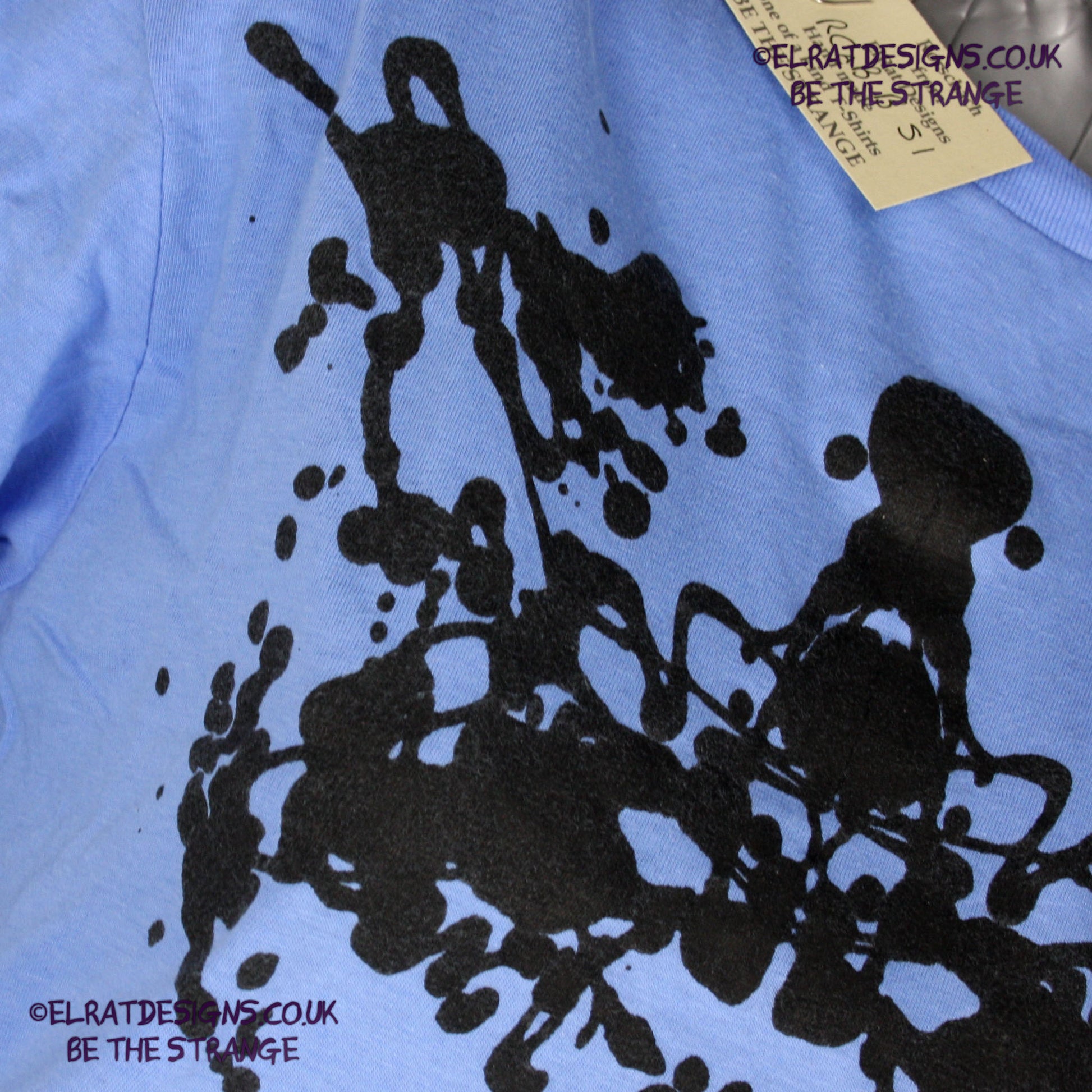 Rorschach, Carolina Blue cotton T-Shirt with Black ink blot - Small #1 (RCaB B S1) - ElRat Designs - elratdesigns.co.uk