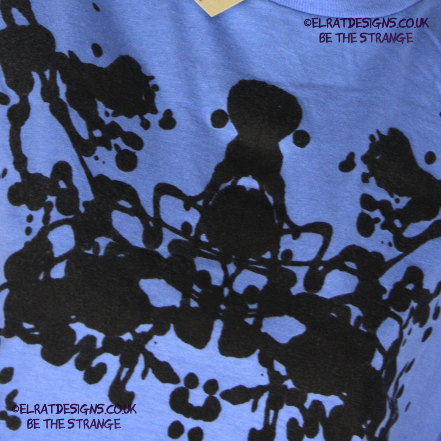 Rorschach, Carolina Blue cotton T-Shirt with Black ink blot - Small #1 (RCaB B S1) - ElRat Designs - elratdesigns.co.uk
