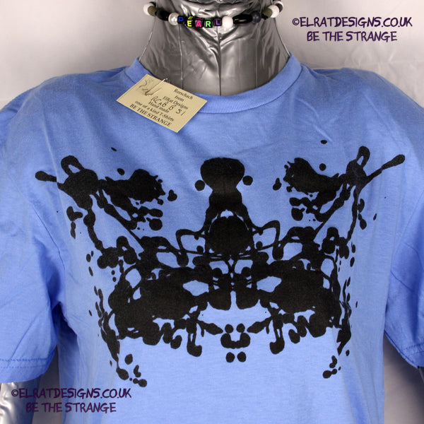 Rorschach, Carolina Blue cotton T-Shirt with Black ink blot - Small #1 (RCaB B S1) - ElRat Designs - elratdesigns.co.uk