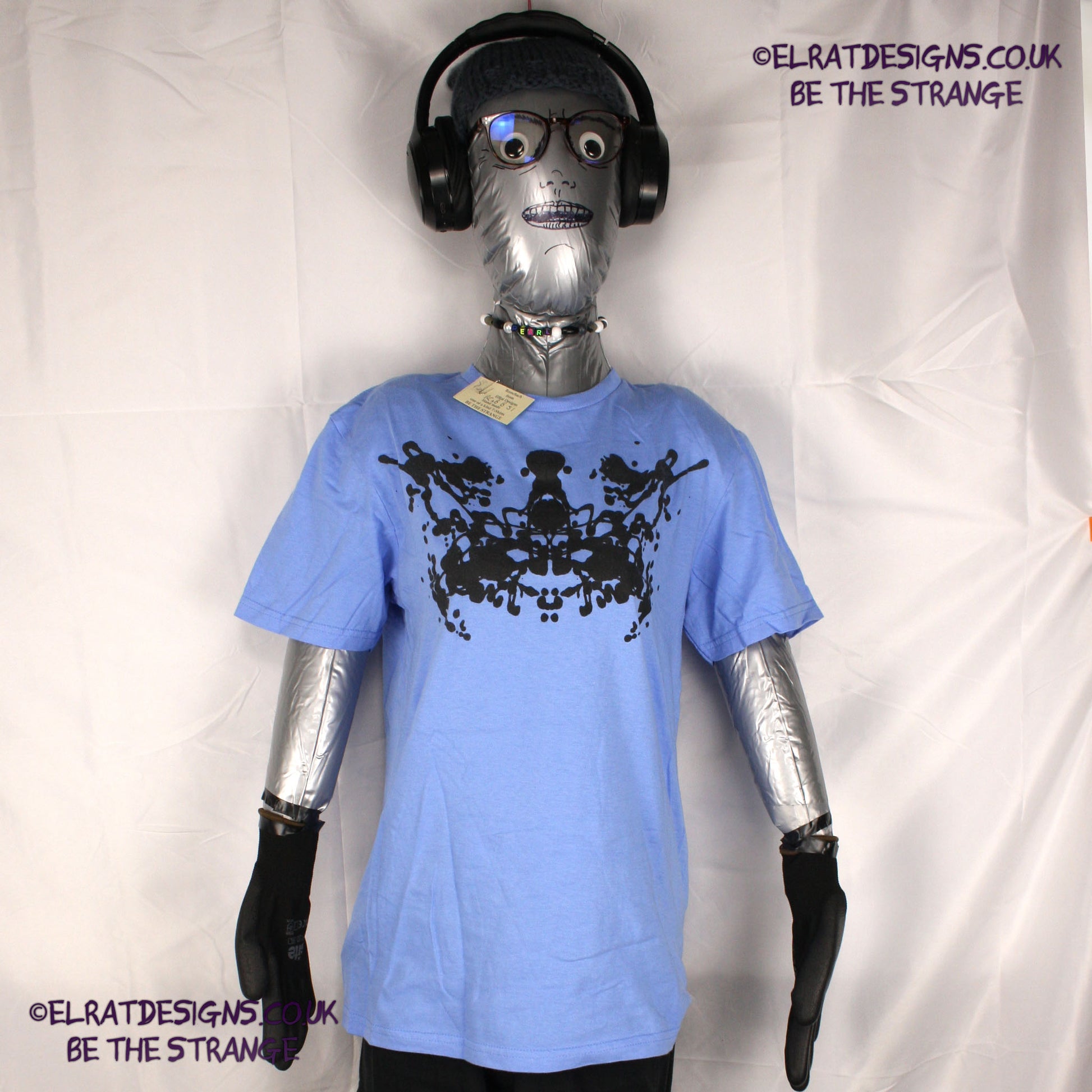 Rorschach, Carolina Blue cotton T-Shirt with Black ink blot - Small #1 (RCaB B S1) - ElRat Designs - elratdesigns.co.uk