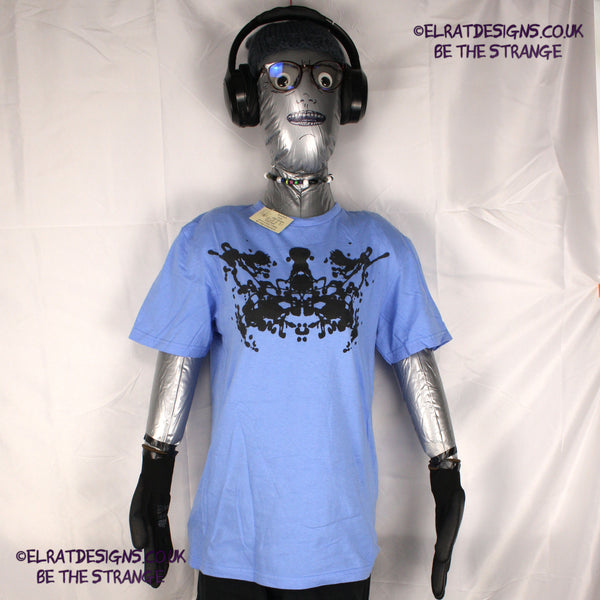 Rorschach, Carolina Blue cotton T-Shirt with Black ink blot - Small #1 (RCaB B S1) - ElRat Designs - elratdesigns.co.uk