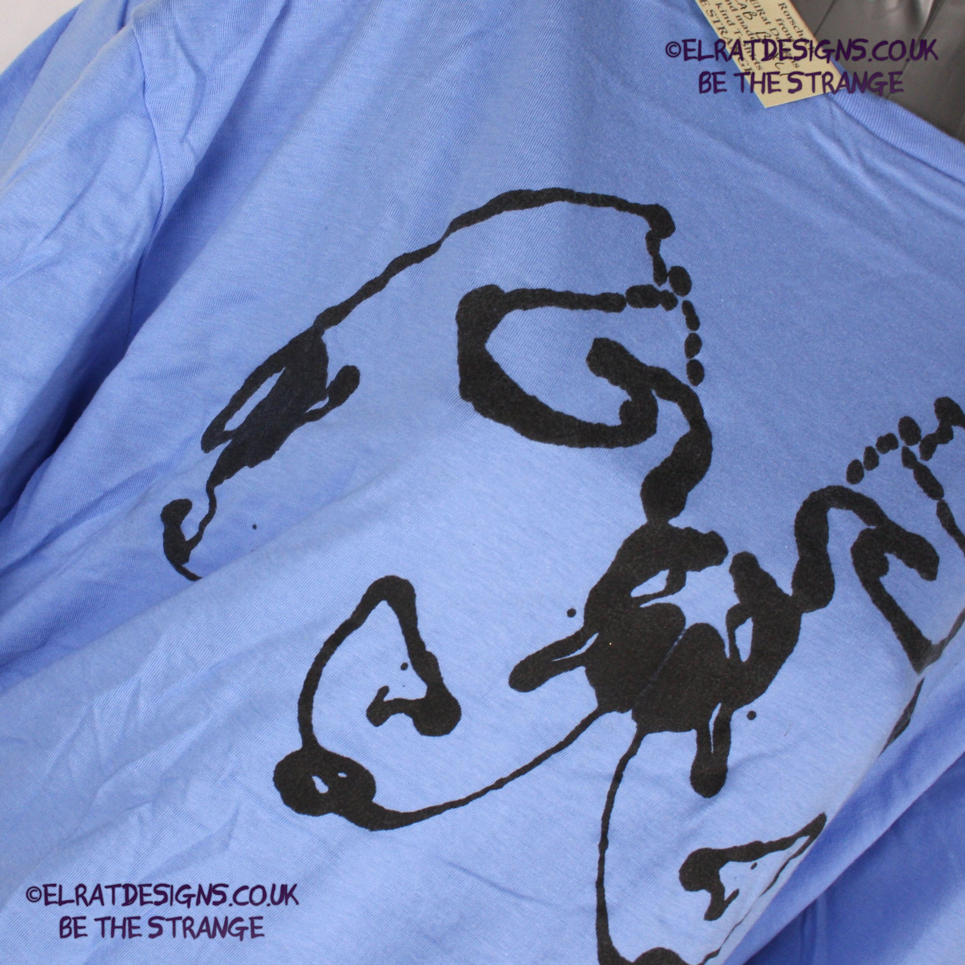 Rorschach, Carolina Blue cotton T-Shirt with Black ink blot - Extra Large #1 (RCaB B XL1) - ElRat Designs - elratdesigns.co.uk