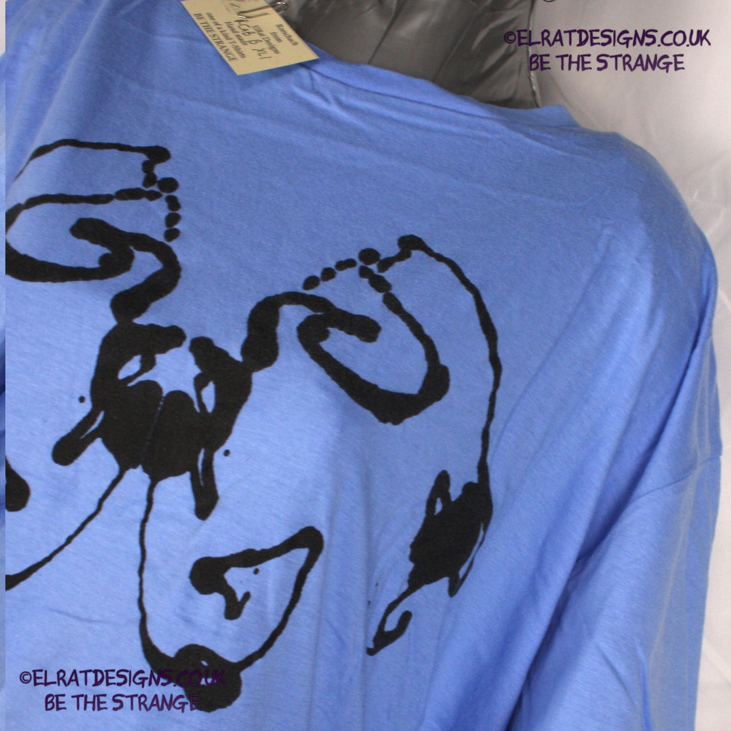 Rorschach, Carolina Blue cotton T-Shirt with Black ink blot - Extra Large #1 (RCaB B XL1) - ElRat Designs - elratdesigns.co.uk