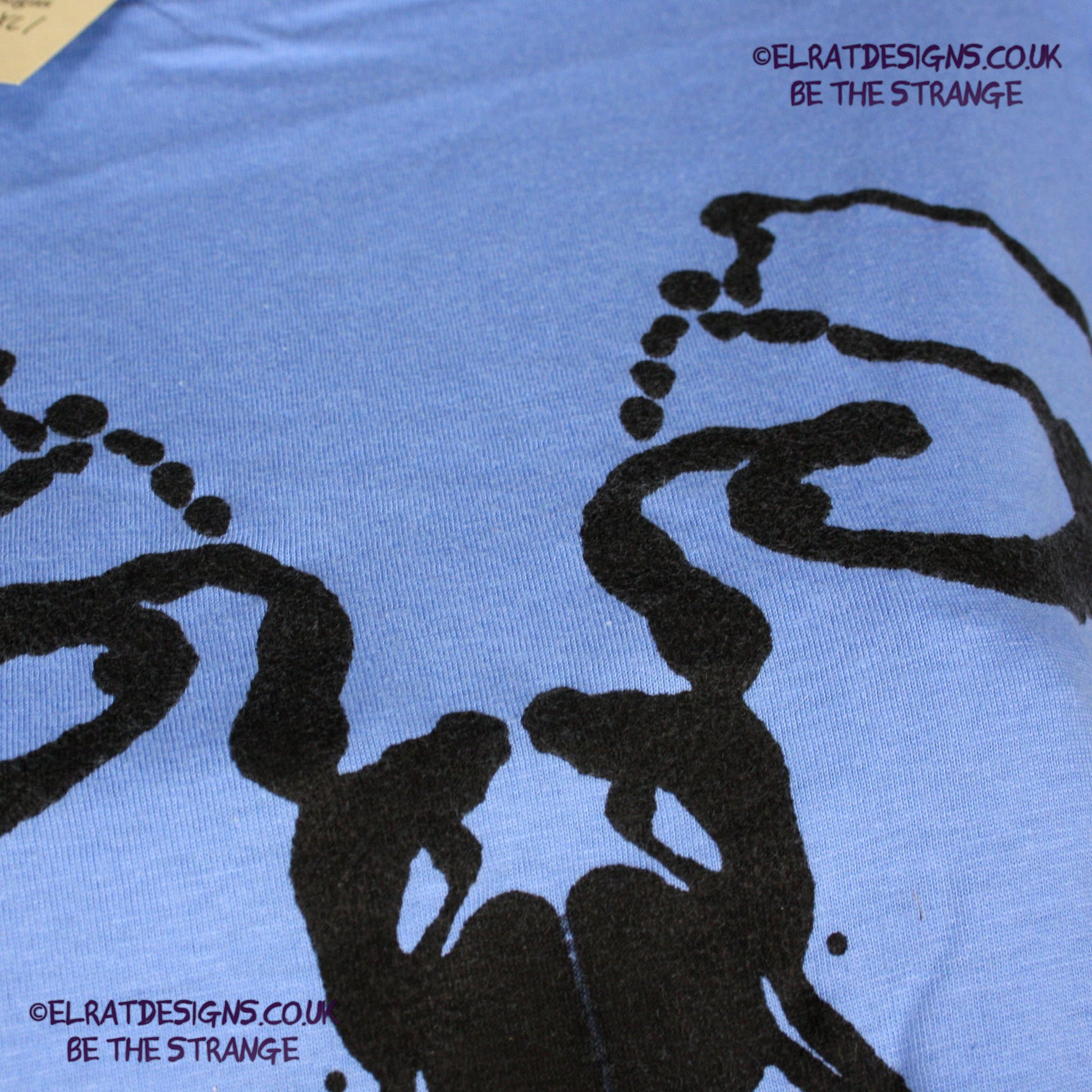 Rorschach, Carolina Blue cotton T-Shirt with Black ink blot - Extra Large #1 (RCaB B XL1) - ElRat Designs - elratdesigns.co.uk