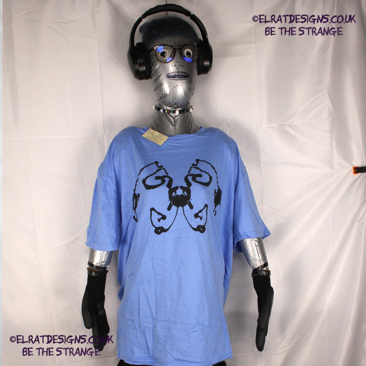 Rorschach, Carolina Blue cotton T-Shirt with Black ink blot - Extra Large #1 (RCaB B XL1) - ElRat Designs - elratdesigns.co.uk