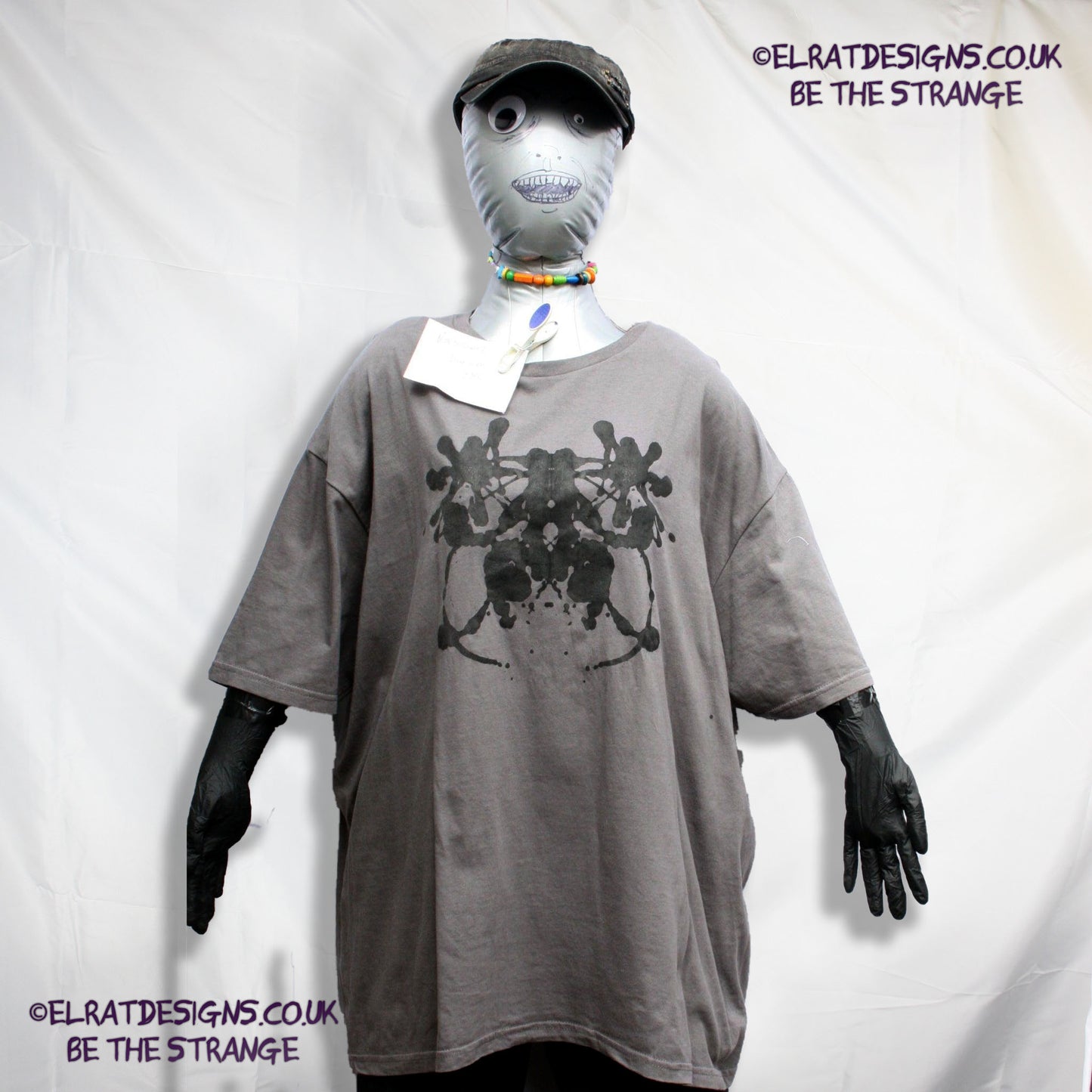 Rorschach, Charcoal cotton T-Shirt with Black ink blot - 2X Large #1 (RCh B 2XL1) - ElRat Designs - elratdesigns.co.uk