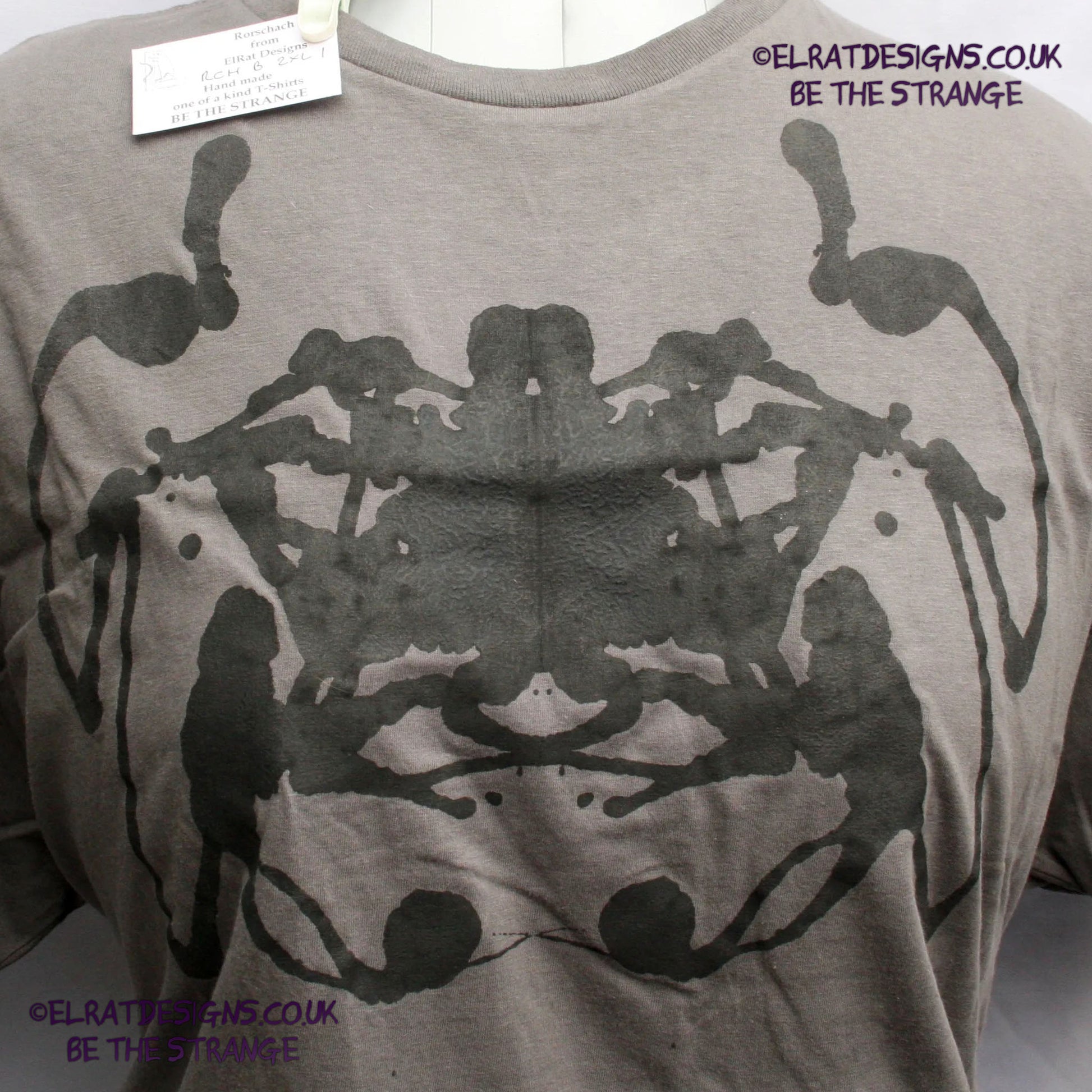 Rorschach, Charcoal cotton T-Shirt with Black ink blot - 2X Large #2 (RCh B 2XL2) - ElRat Designs - elratdesigns.co.uk
