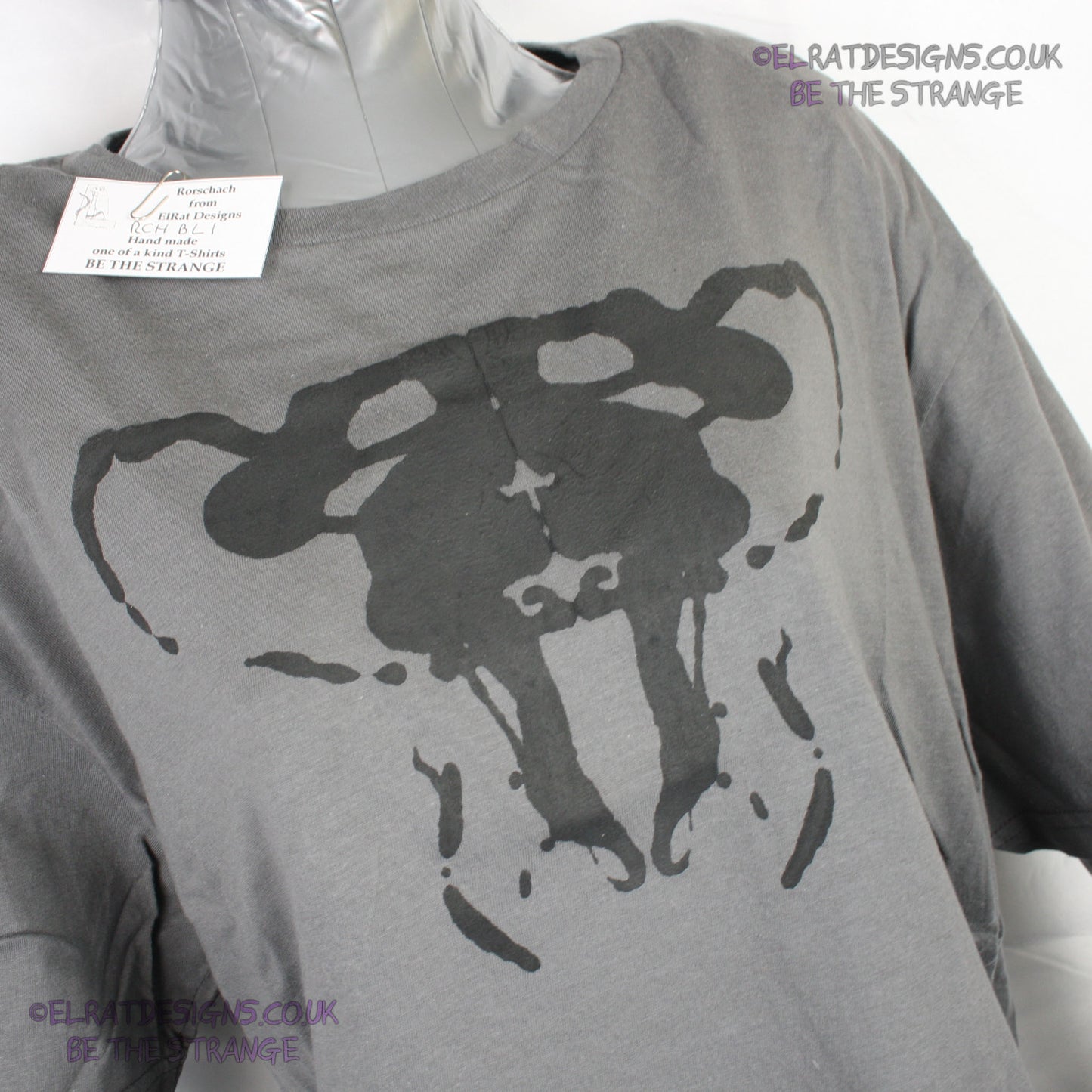 Rorschach, Charcoal cotton T-Shirt with Black ink blot - Large #1 (RCH B L1) - ElRat Designs - elratdesigns.co.uk