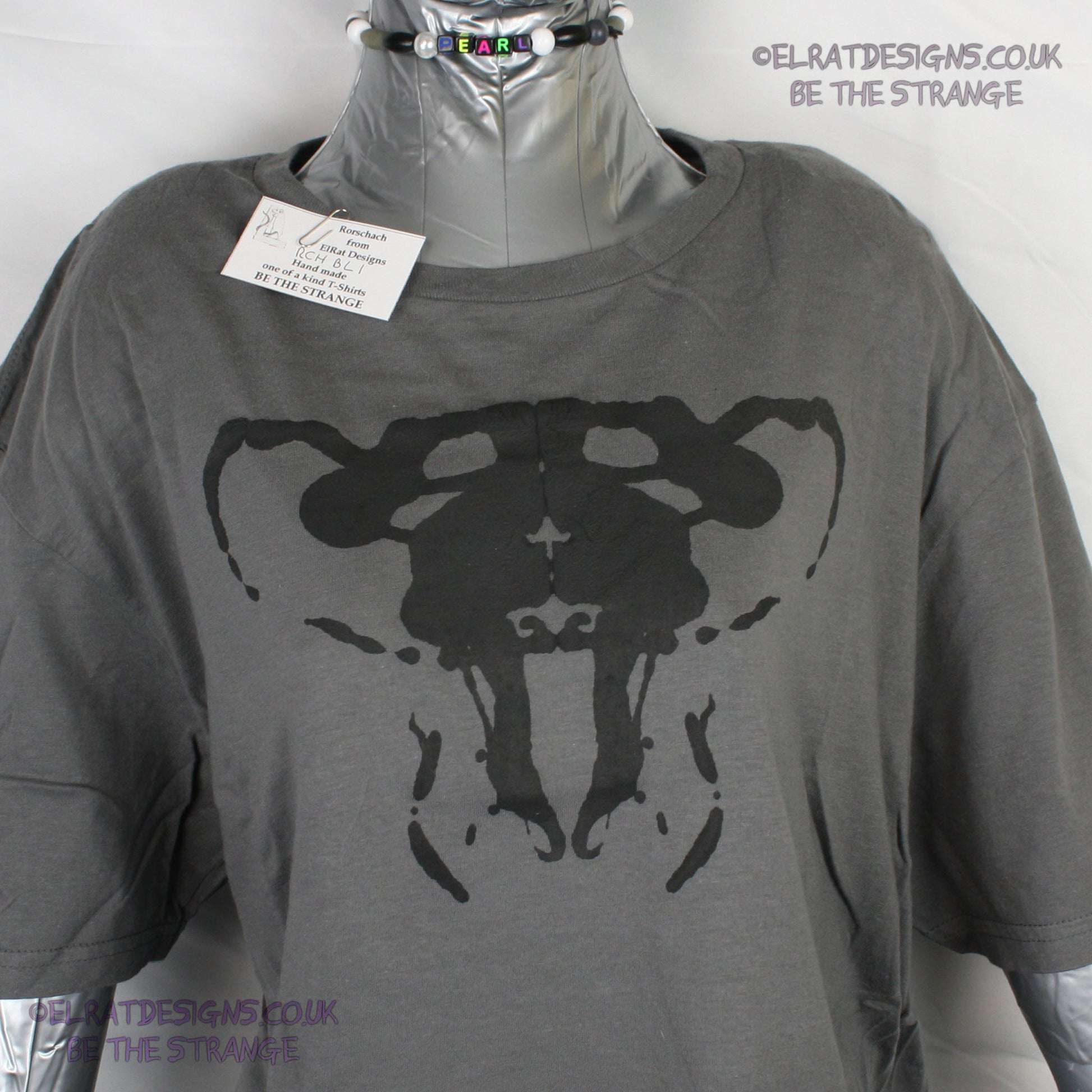 Rorschach, Charcoal cotton T-Shirt with Black ink blot - Large #1 (RCH B L1) - ElRat Designs - elratdesigns.co.uk