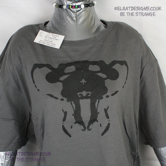 Rorschach, Charcoal cotton T-Shirt with Black ink blot - Large #1 (RCH B L1) - ElRat Designs - elratdesigns.co.uk