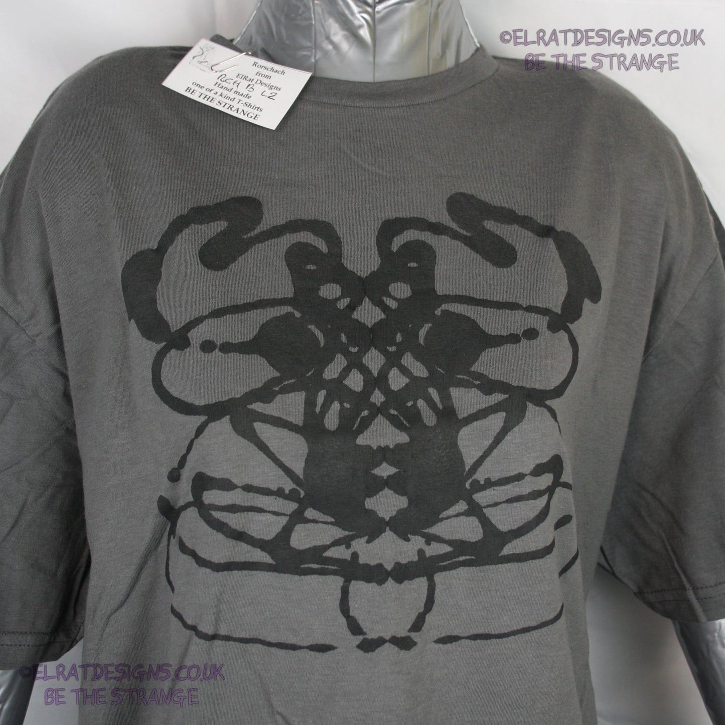 Rorschach, Charcoal cotton T-Shirt with Black ink blot - Large #2 (RCH B L2) - ElRat Designs - elratdesigns.co.uk