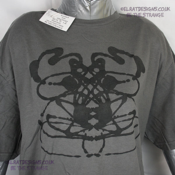 Rorschach, Charcoal cotton T-Shirt with Black ink blot - Large #2 (RCH B L2) - ElRat Designs - elratdesigns.co.uk