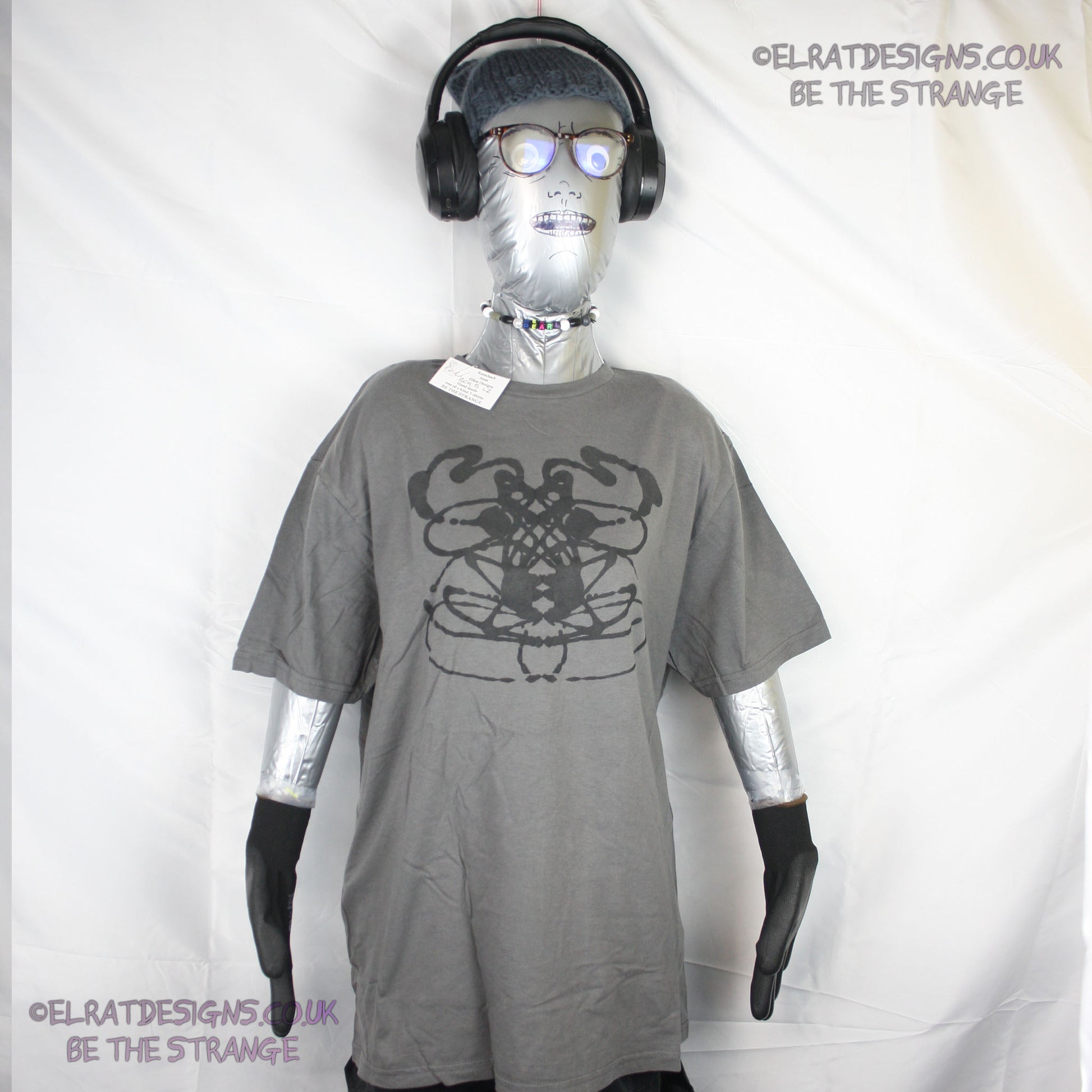 Rorschach, Charcoal cotton T-Shirt with Black ink blot - Large #2 (RCH B L2) - ElRat Designs - elratdesigns.co.uk