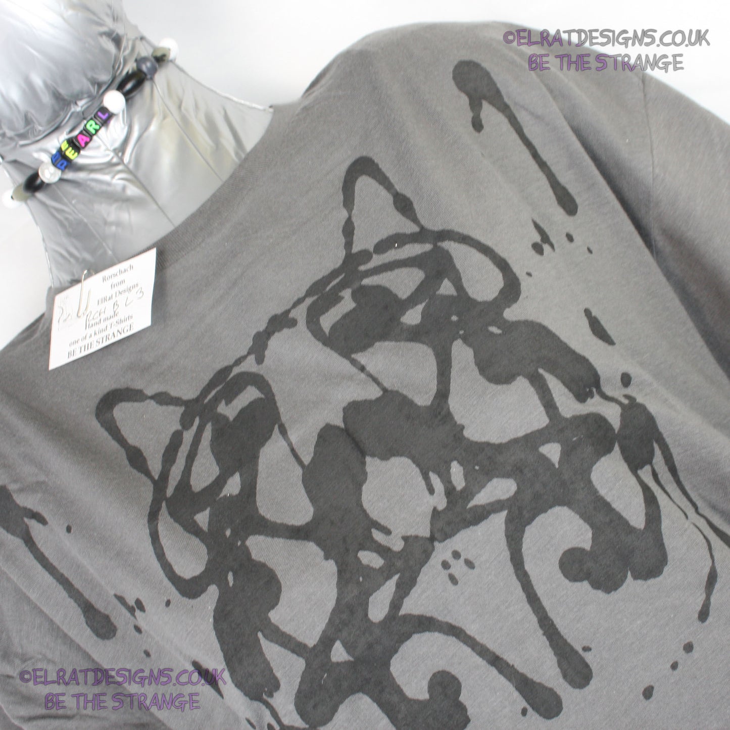 Rorschach, Charcoal cotton T-Shirt with Black ink blot - Large #3 (RCH B L3) - ElRat Designs - elratdesigns.co.uk