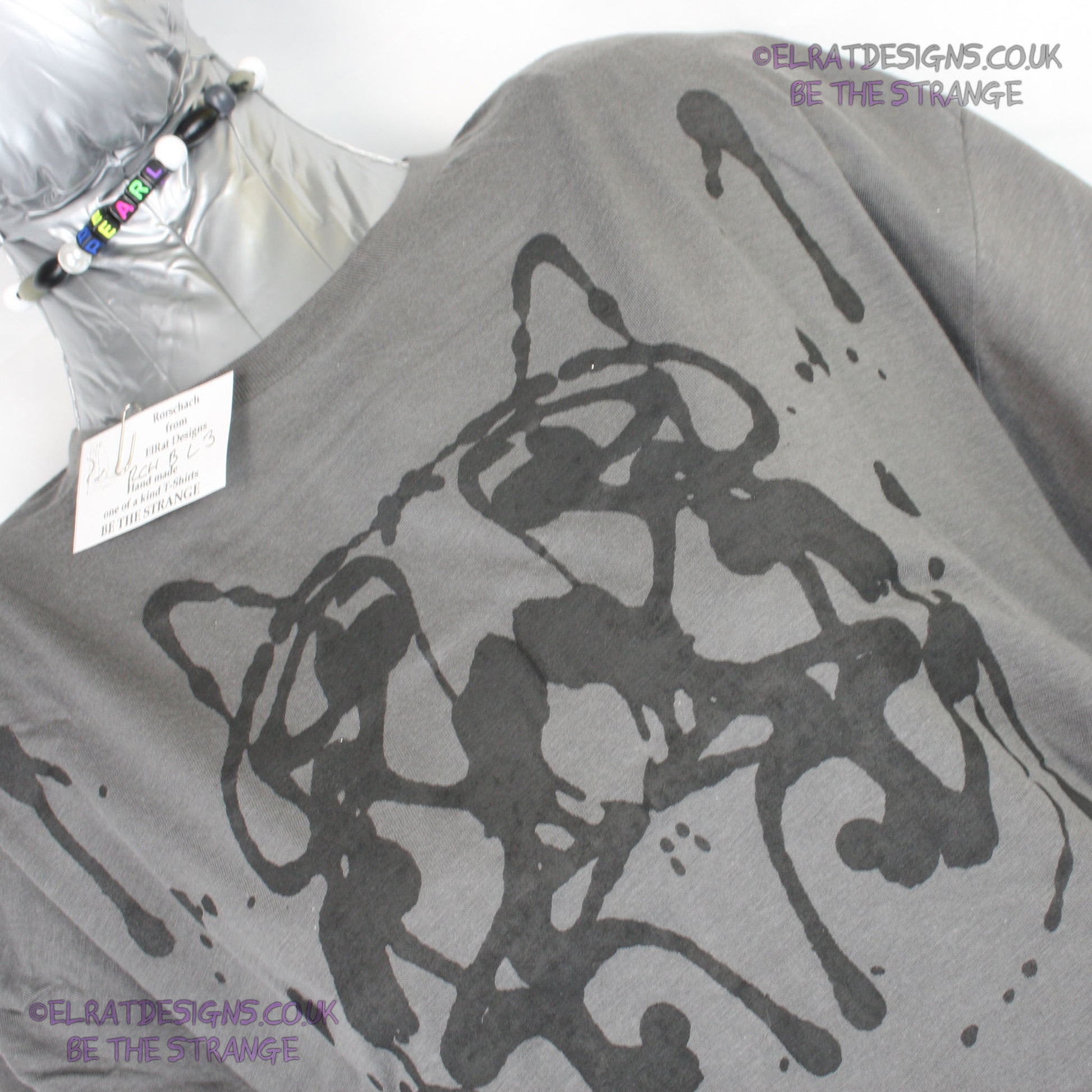 Rorschach, Charcoal cotton T-Shirt with Black ink blot - Large #3 (RCH B L3) - ElRat Designs - elratdesigns.co.uk