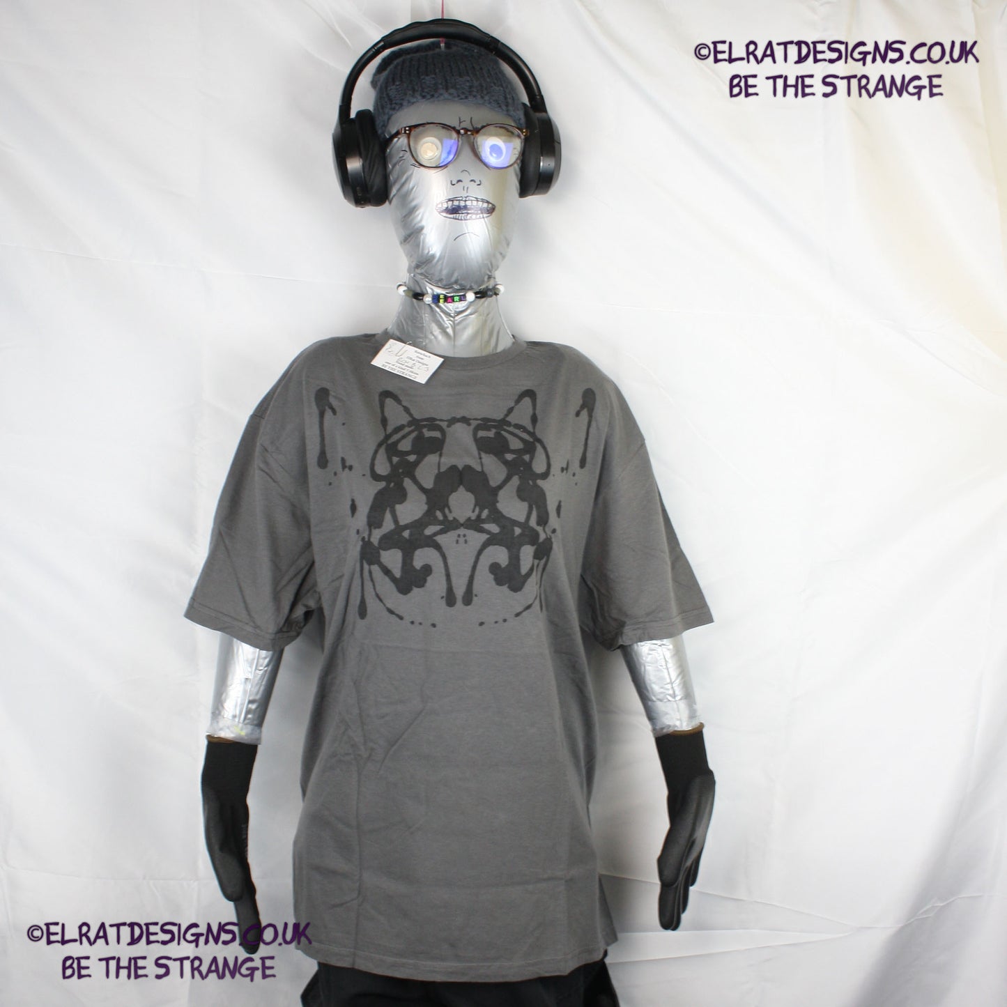 Rorschach, Charcoal cotton T-Shirt with Black ink blot - Large #3 (RCH B L3) - ElRat Designs - elratdesigns.co.uk