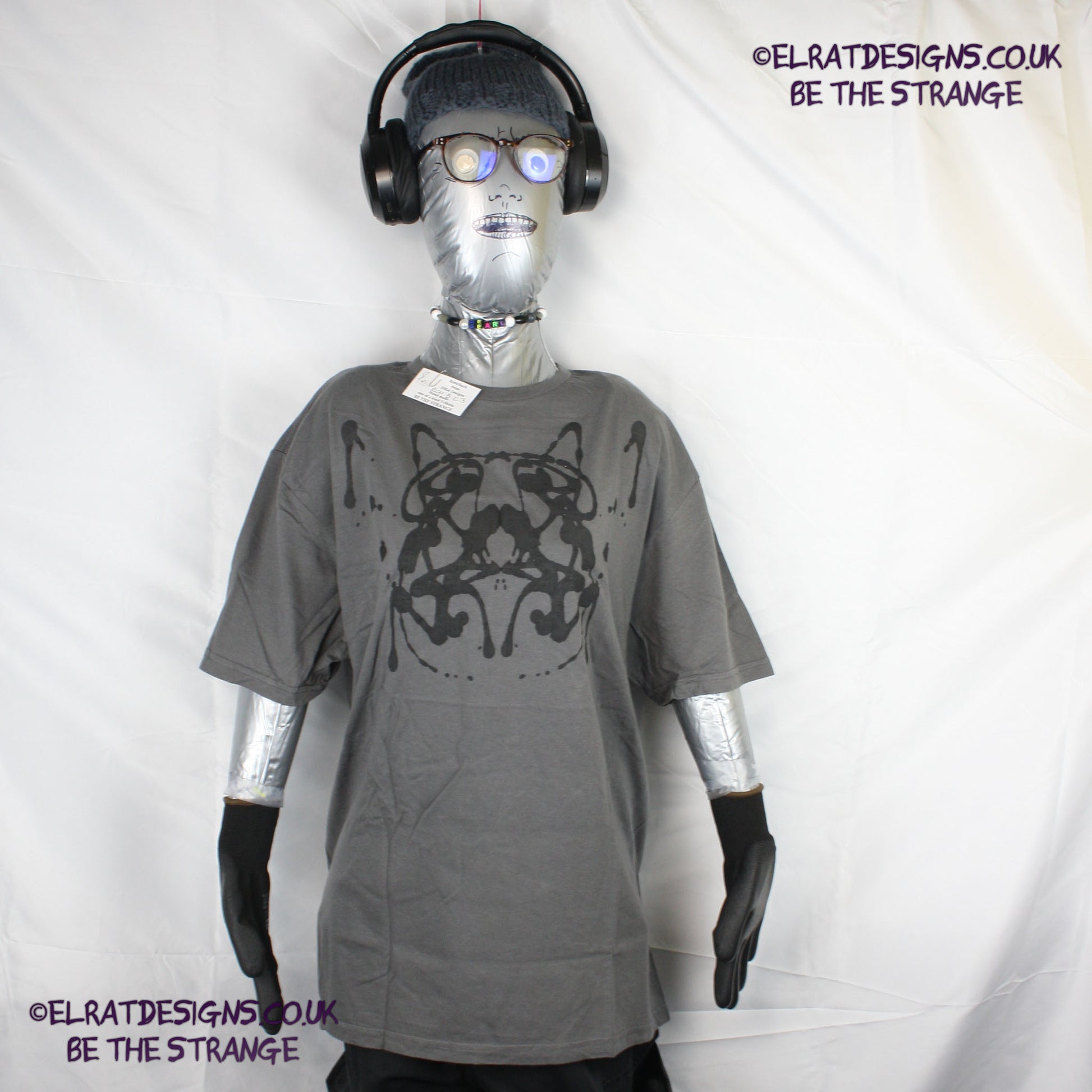 Rorschach, Charcoal cotton T-Shirt with Black ink blot - Large #3 (RCH B L3) - ElRat Designs - elratdesigns.co.uk