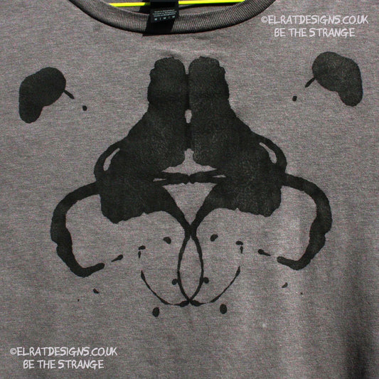 Rorschach, Charcoal cotton T-Shirt with Black ink blot- Medium #1 (RCh B M1) - ElRat Designs - elratdesigns.co.uk
