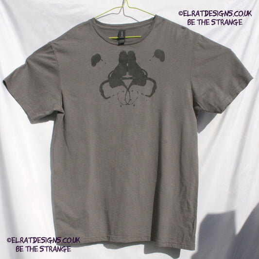 Rorschach, Charcoal cotton T-Shirt with Black ink blot- Medium #1 (RCh B M1) - ElRat Designs - elratdesigns.co.uk