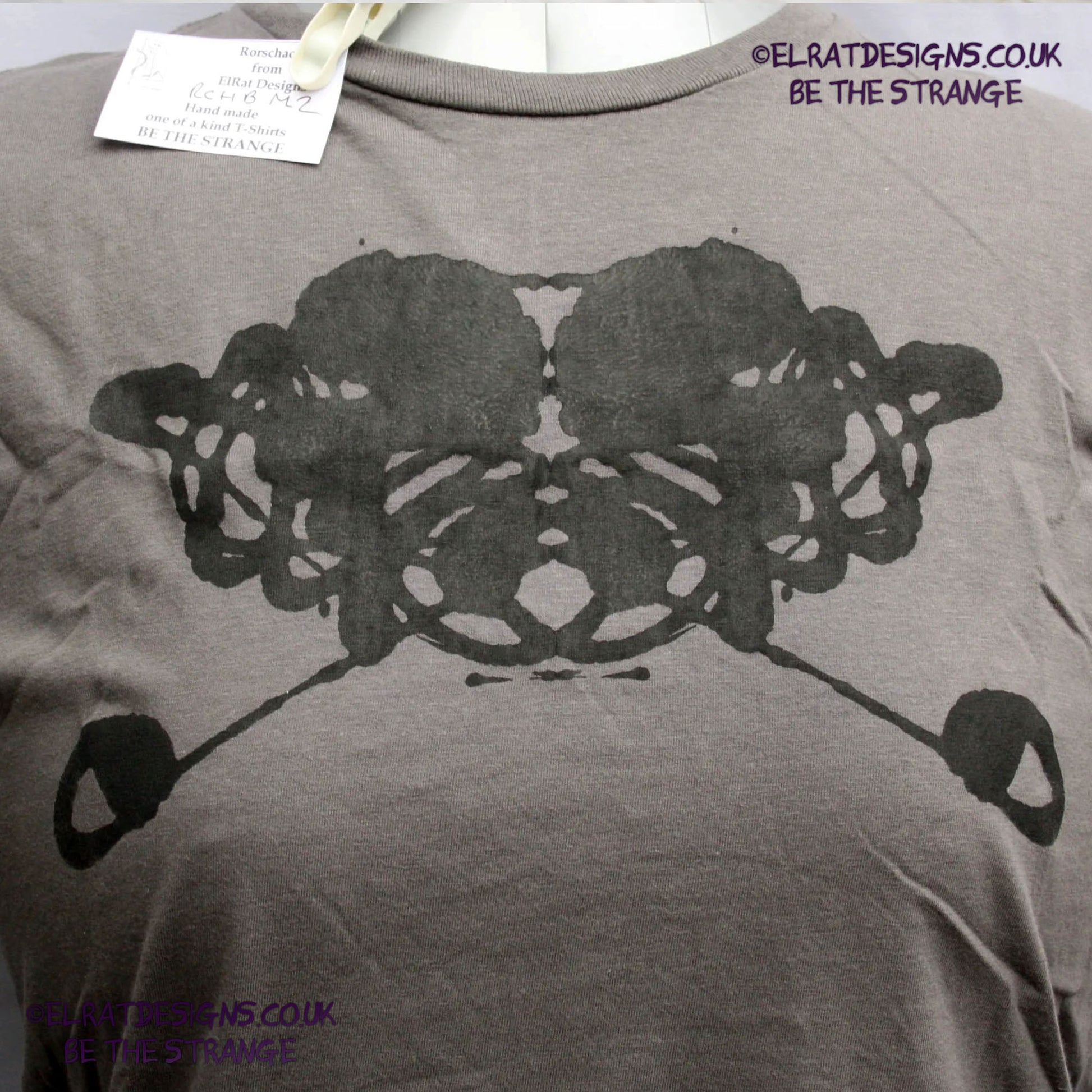 Rorschach, Charcoal cotton T-Shirt with Black ink blot - Medium #2 (RCh B M2) - ElRat Designs - elratdesigns.co.uk