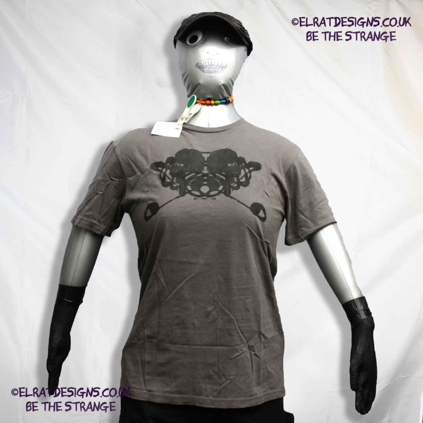 Rorschach, Charcoal cotton T-Shirt with Black ink blot - Medium #2 (RCh B M2) - ElRat Designs - elratdesigns.co.uk