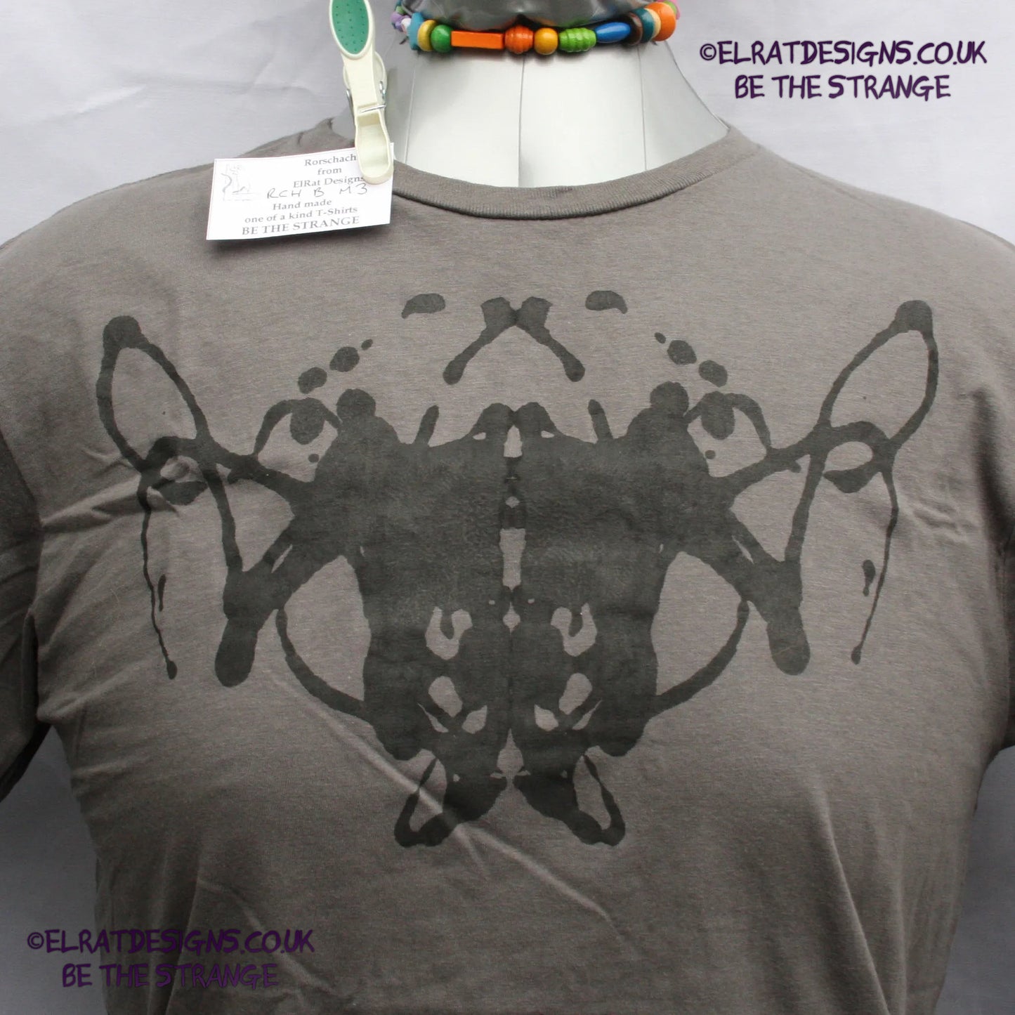 Rorschach, Charcoal cotton T-Shirt with Black ink blot - Medium #3 (RCH B M3) - ElRat Designs - elratdesigns.co.uk