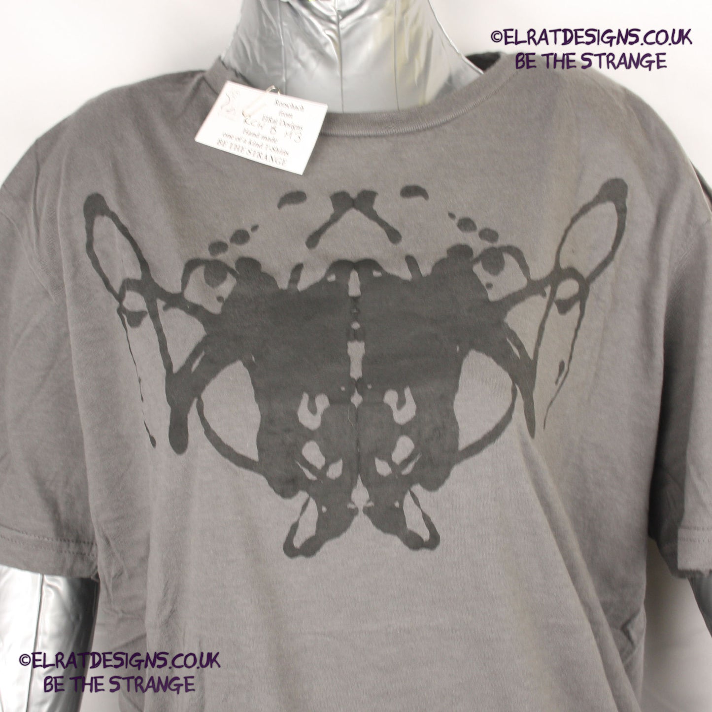 Rorschach, Charcoal cotton T-Shirt with Black ink blot - Medium #3 (RCH B M3) - ElRat Designs - elratdesigns.co.uk