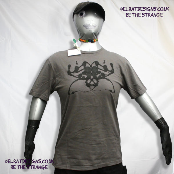 Rorschach, Charcoal cotton T-Shirt with Black ink blot - Medium #4 (RCh B M4) - ElRat Designs - elratdesigns.co.uk