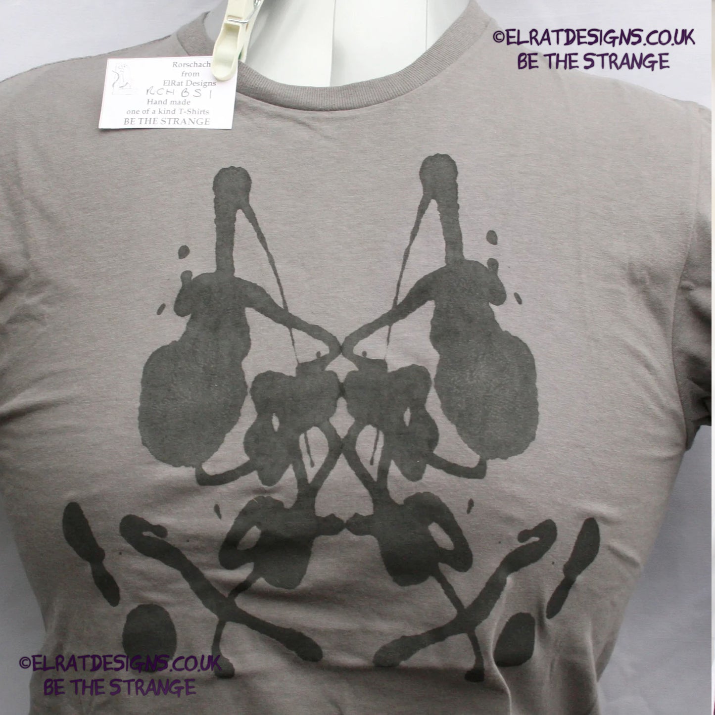 Rorschach, Charcoal cotton T-Shirt with Black ink blot - Small #1 (RCh B S1) - ElRat Designs - elratdesigns.co.uk