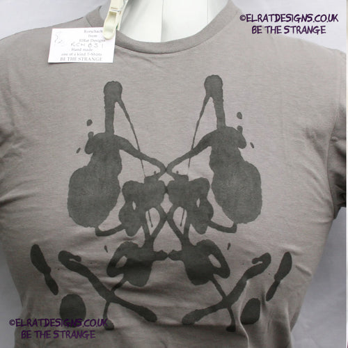 Rorschach, Charcoal cotton T-Shirt with Black ink blot - Small #1 (RCh B S1) - ElRat Designs - elratdesigns.co.uk