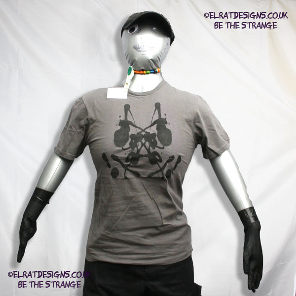 Rorschach, Charcoal cotton T-Shirt with Black ink blot - Small #1 (RCh B S1) - ElRat Designs - elratdesigns.co.uk