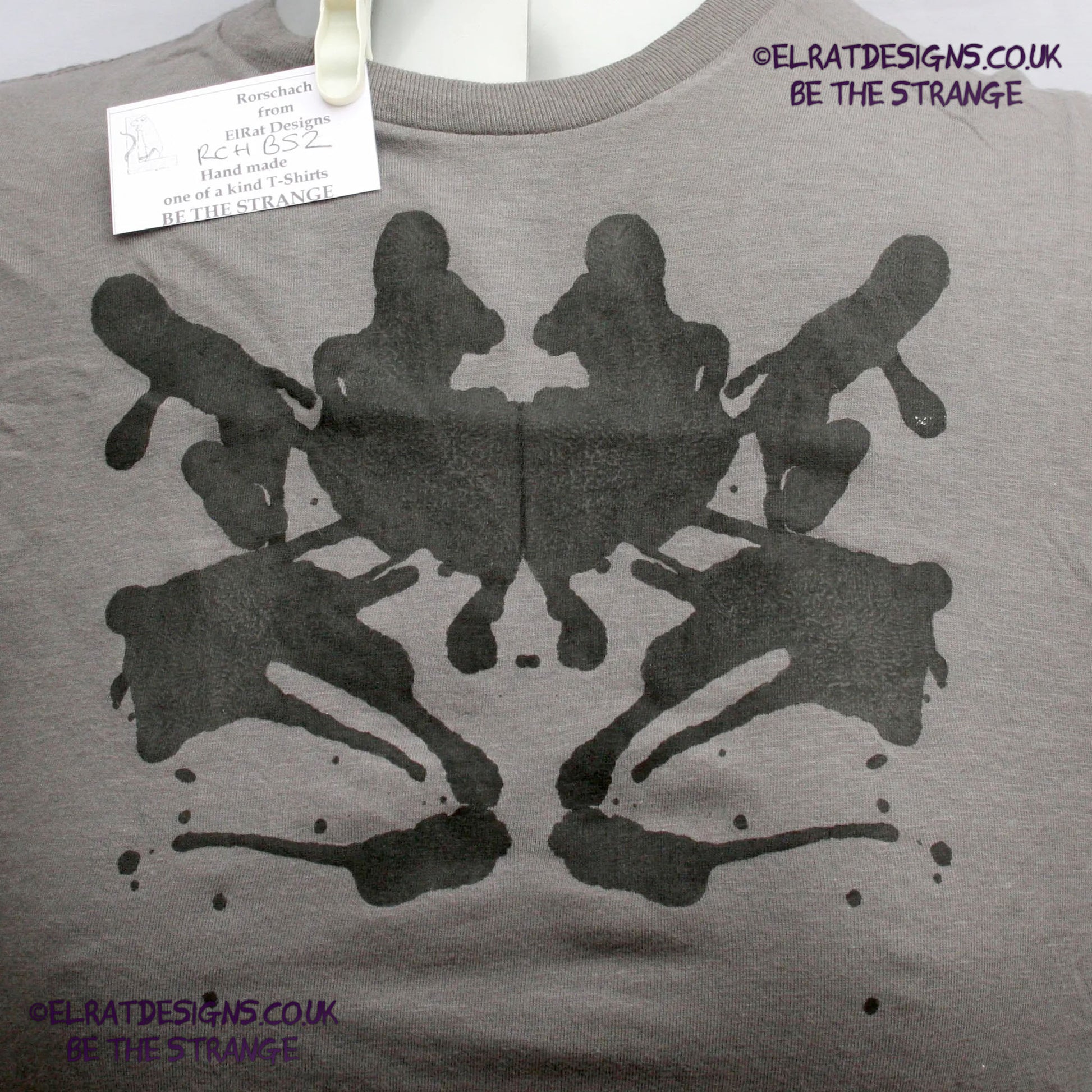 Rorschach, Charcoal cotton T-Shirt with Black ink blot - Small #2 (RCh B S2) - ElRat Designs - elratdesigns.co.uk