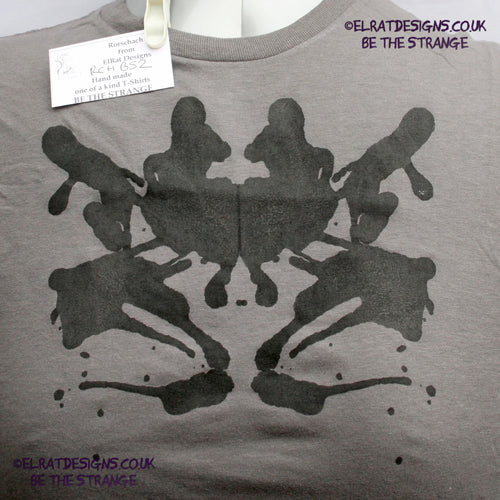Rorschach, Charcoal cotton T-Shirt with Black ink blot - Small #2 (RCh B S2) - ElRat Designs - elratdesigns.co.uk