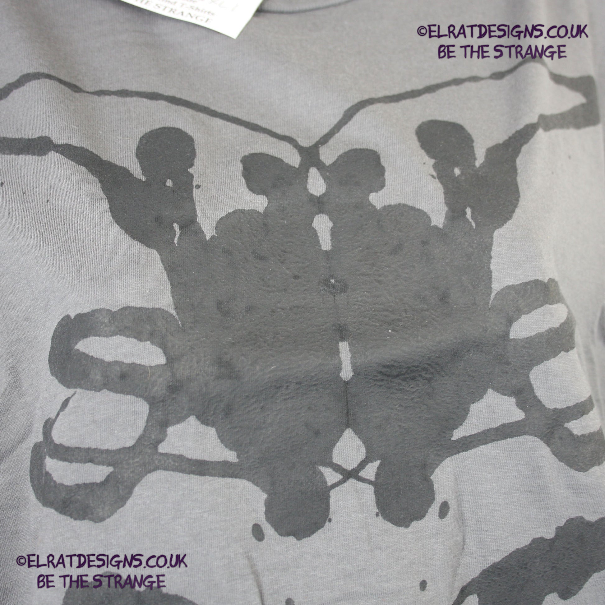 Rorschach, Charcoal cotton T-Shirt with Black ink blot - Extra Large #1 (RCH B XL1) - ElRat Designs - elratdesigns.co.uk