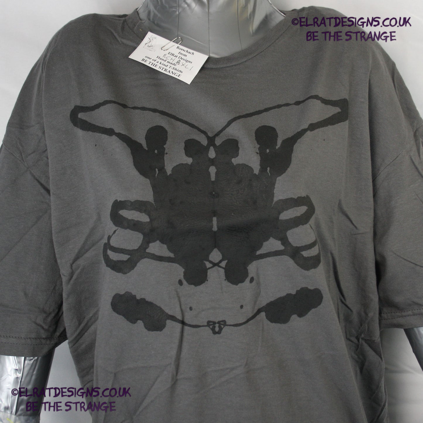 Rorschach, Charcoal cotton T-Shirt with Black ink blot - Extra Large #1 (RCH B XL1) - ElRat Designs - elratdesigns.co.uk