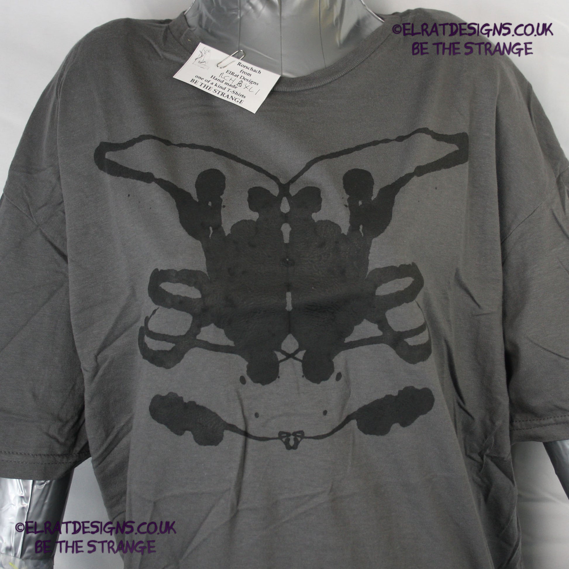 Rorschach, Charcoal cotton T-Shirt with Black ink blot - Extra Large #1 (RCH B XL1) - ElRat Designs - elratdesigns.co.uk
