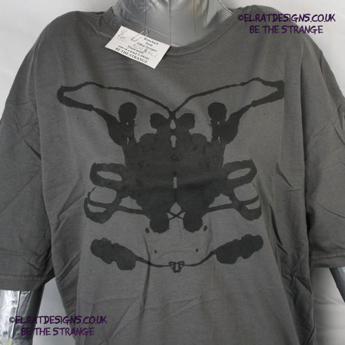 Rorschach, Charcoal cotton T-Shirt with Black ink blot - Extra Large #1 (RCH B XL1) - ElRat Designs - elratdesigns.co.uk