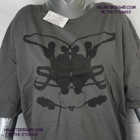 Rorschach, Charcoal cotton T-Shirt with Black ink blot - Extra Large #1 (RCH B XL1) - ElRat Designs - elratdesigns.co.uk